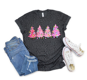 Black Leopard Pink Christmas Tree Tee