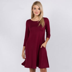 Burgundy 3/4 Sleeve Round Hem A-Line Dress
