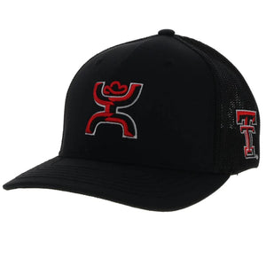 TEXAS TECH UNIVERSITY FLEXFIT HAT BLACK/WHITE W/ RED & WHITE HOOEY LOGO