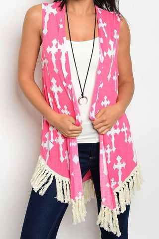 Pink Cross Fringe Cardi Vest