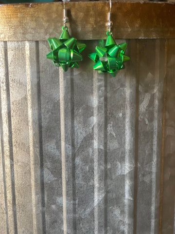 Green Christmas Bow Dangle Earrings
