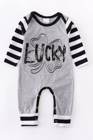 Grey luck clover baby romper