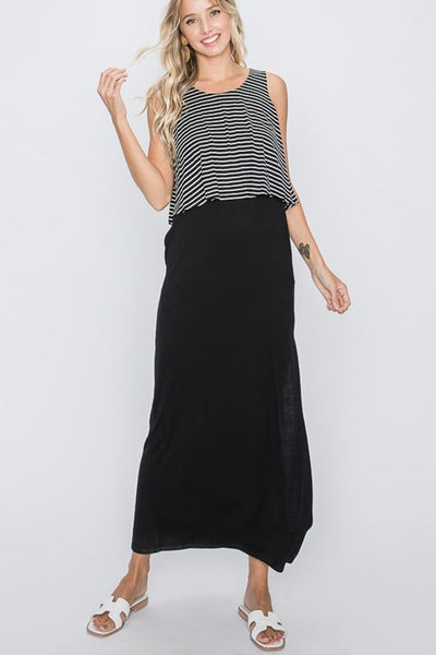 Black/White Stripe Ruffle Top Maxi Dress