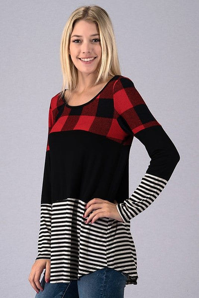 Red Plaid/Stripe Lace Accent Back Top