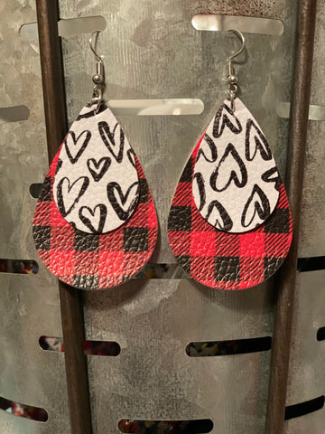 Red Plaid Layered Heart Earrings