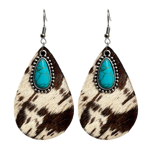 Brown Cowhide/Turquoise Stone Earrings