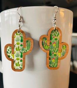 Wooden Stain Glass Cactus Earrings
