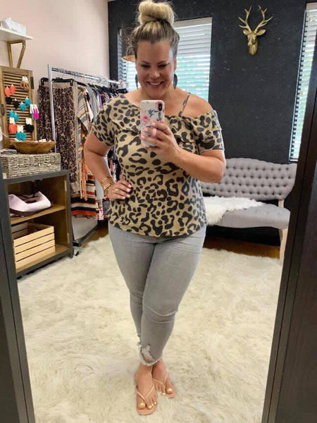 Leopard Waffle Off Shoulder Top