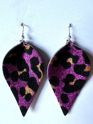 Glitter Purple Leopard Petal Earrings