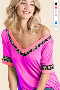 Fuchsia V Leopard Neck Top