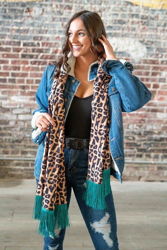 Leopard Scarf With Teal Fringe