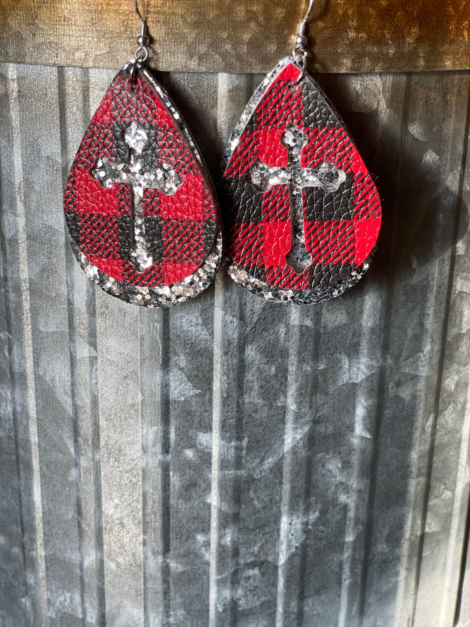 Plaid/Silver Cross Double Layer Earring