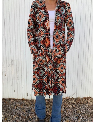 Long Sleeve Rust Aztec Kimono