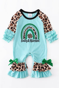 Blue Leopard rainbow clover ruffle baby romper