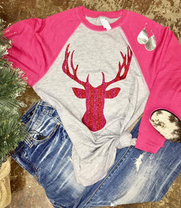 Pink Glitter Deer Raglan