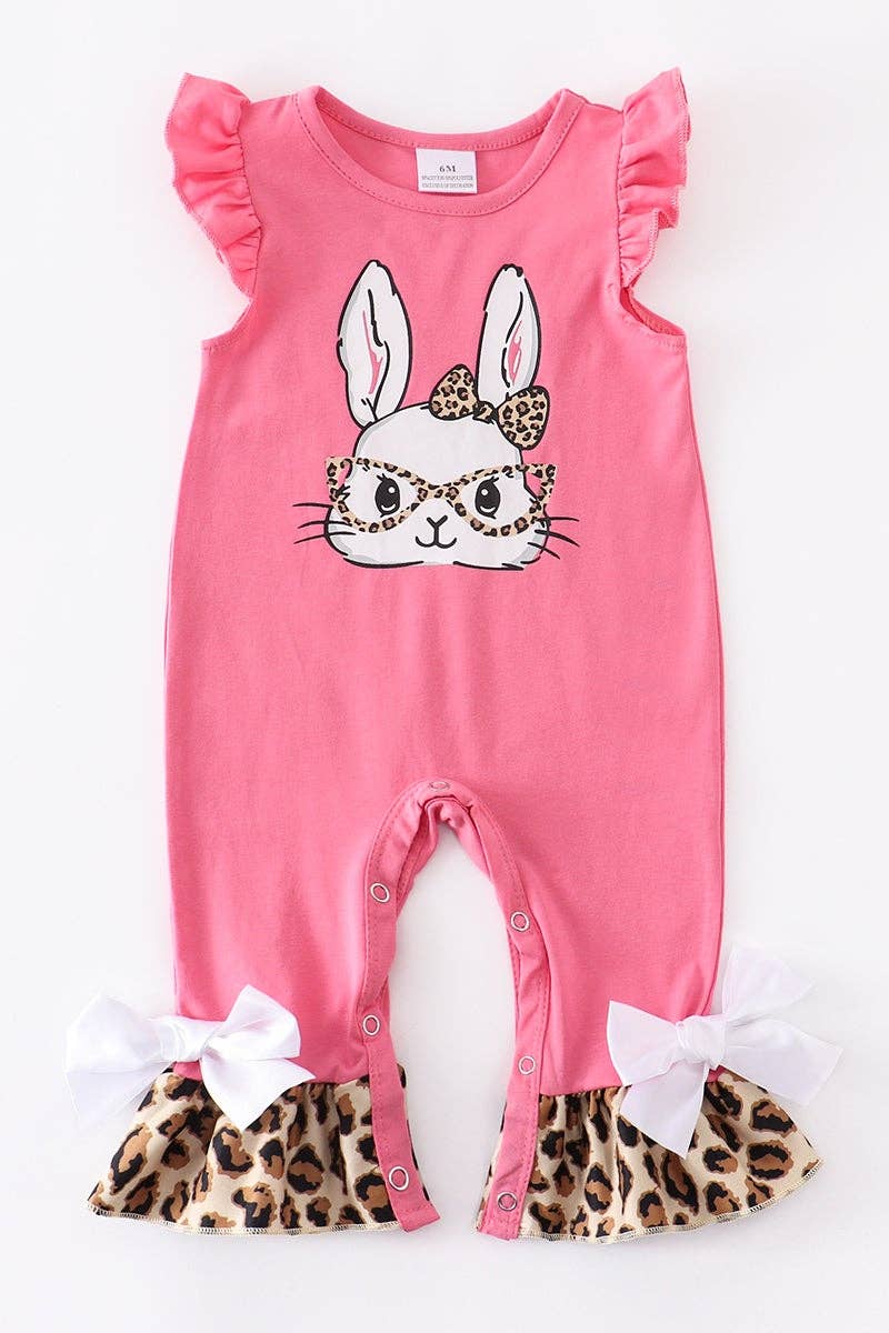 Pink leopard rabbit ruffle baby romper