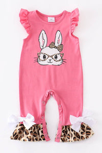 Pink leopard rabbit ruffle baby romper