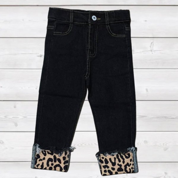 Kids Black Wash Denim Pants w/Leopard Cuffs