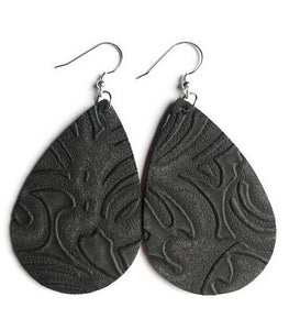 Black Tooled Faux Leather Earring