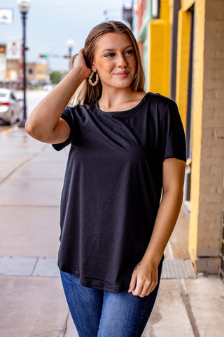 Black Scoop Neck Curved Hem Top