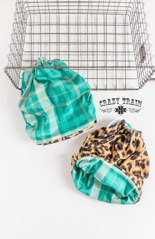 Bandito Turquoise/Plaid Leopard Bun Beanie
