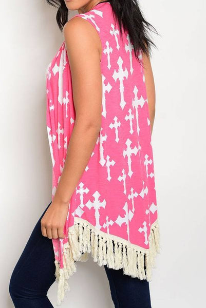 Pink Cross Fringe Cardi Vest