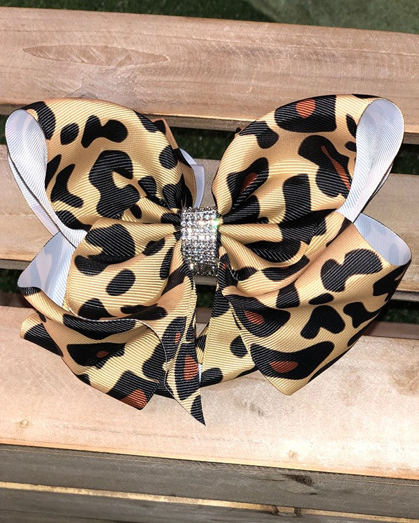 Light Leopard Double Layer Rhinestone Bow