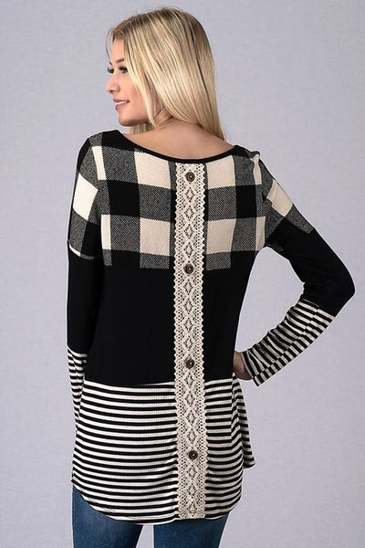 Red Plaid/Stripe Lace Accent Back Top