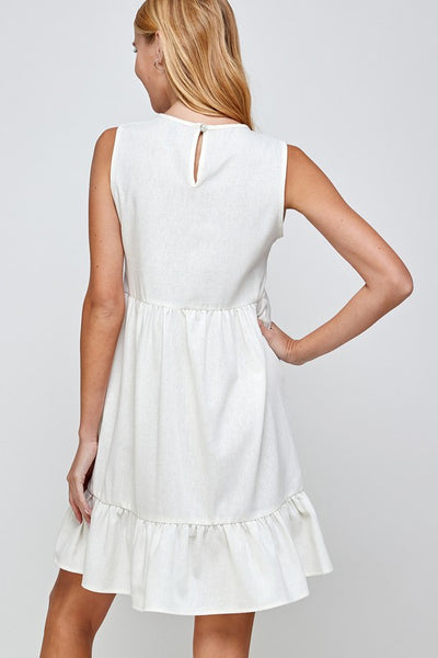 Off White Linen Ruffle Hem Dress
