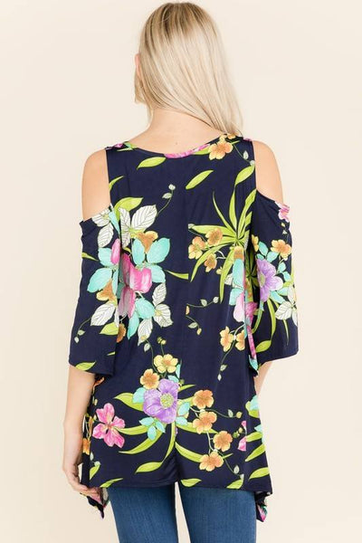 Navy Floral Cold Shoulder Top