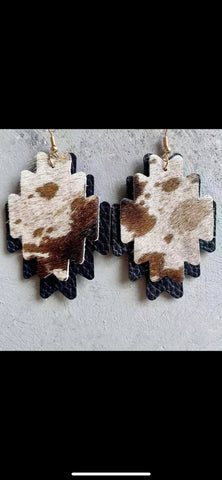 Brown Cow Leather Aztec Earrings