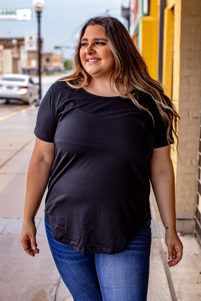 Black Scoop Neck Curved Hem Top