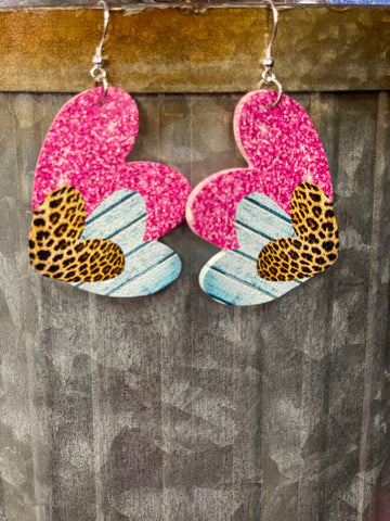 Pink/Leopard Triple Layer Heart Earrings