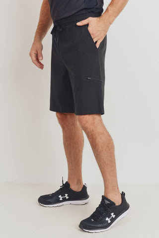 Black Drawstring Shorts with Zippered Pouch