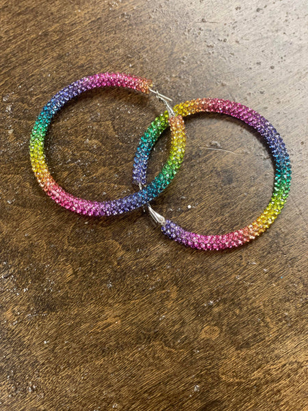 Rainbow Rhinestone Hoop Earrings