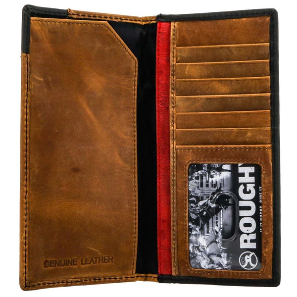 "ROUGHY CRAZY HORSE" RODEO ROUGHY WALLET TAN/BLACK W/DIAMOND PATCHWORK