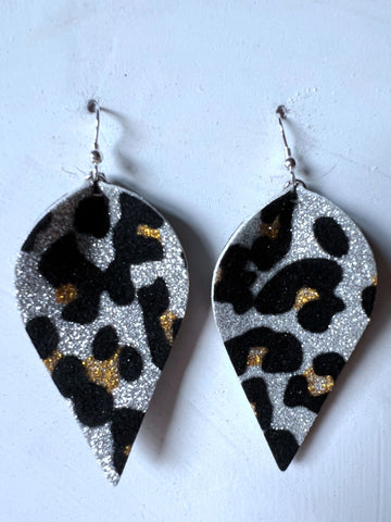 Silver Glitter Leopard Earrings