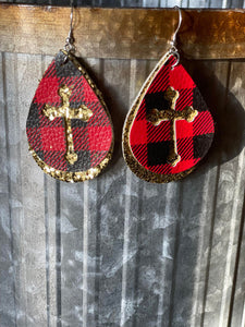 Plaid/Gold Glitter Cross Double Layer Earrings