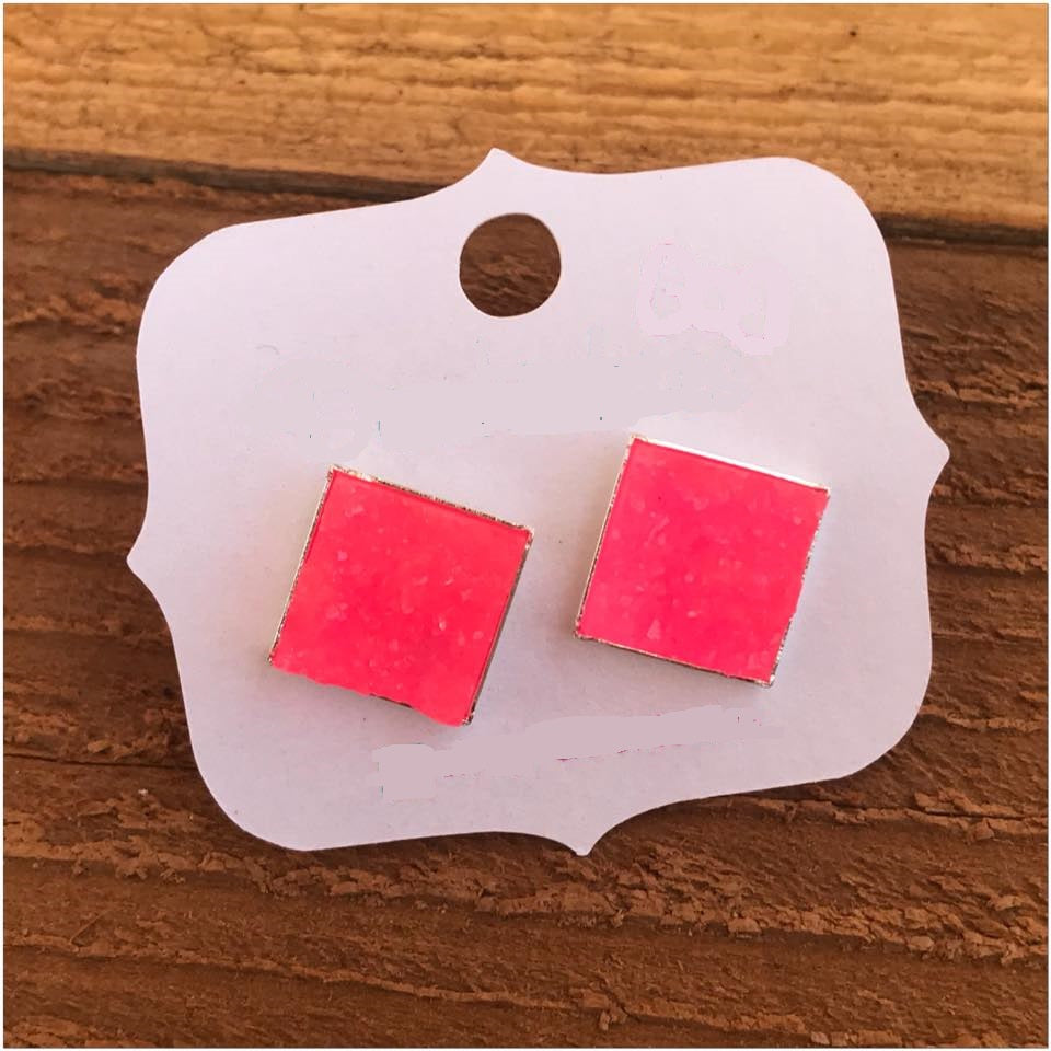 Neon Pink Square Druzy Earrings